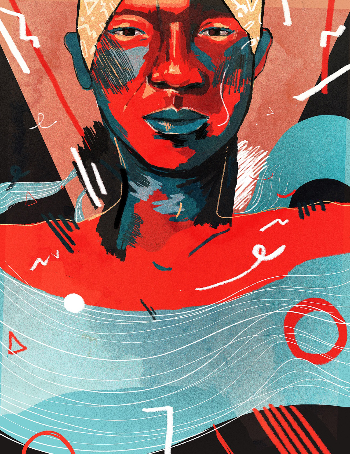 A digital painting by Adrian Nyehart of a femme-bodied person with red and blue skin, a head wrapping, and trianglular and swirling markings floating across the page.