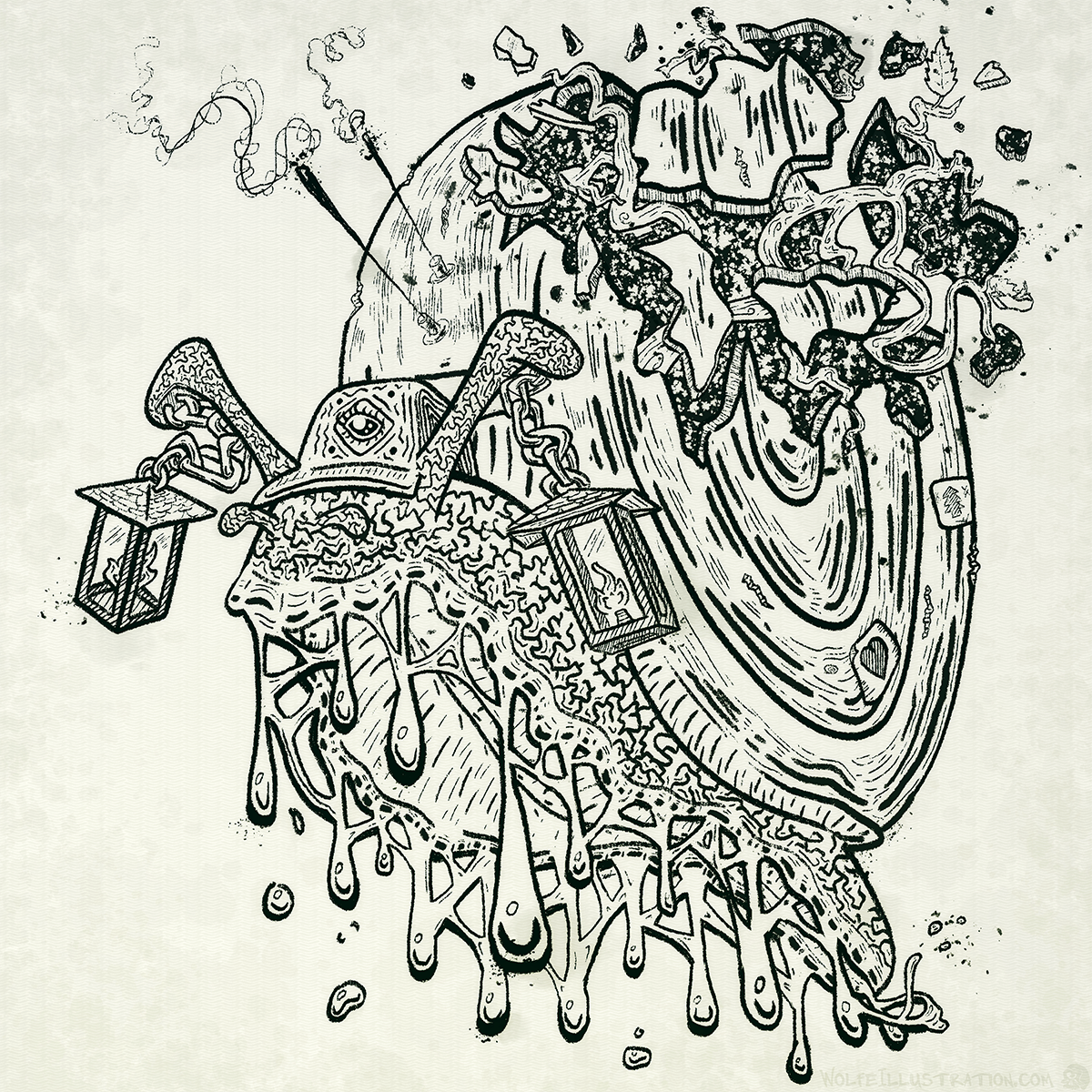 A detailed illustration by Brian Wolfe of a snail with gas lanterns hanging from its antennae, the top half of the snail's shell is splitting apart, revealing the branches of a tree.