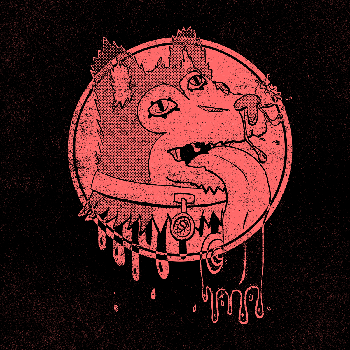 A digital illustration by Brian Wolfe of a pink colored dog with a long tongue and an eye on its collar.