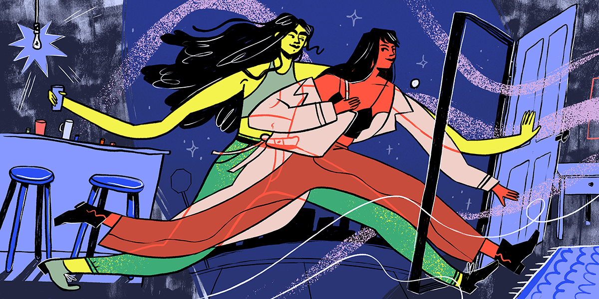 Colorful illustration of two woman running out the door of a bar