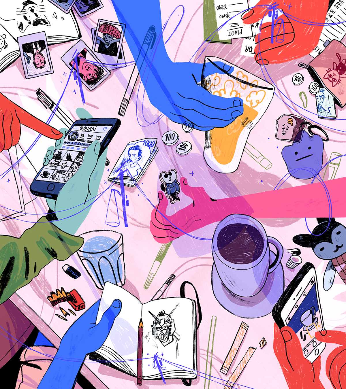 Illustration of top down perspective looking down on a table with various hands holding phones, notebooks, beer, coffee and crafts