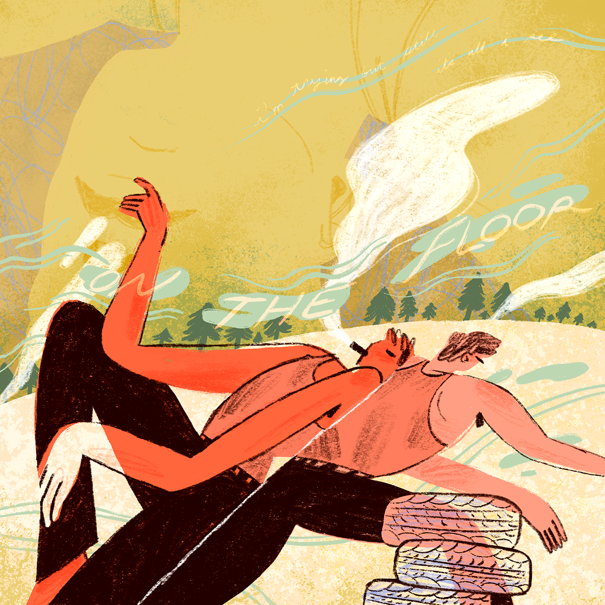 Illustration of two people back to back smoking cigarettes with On The Floor Lyrics by Perfume Genius