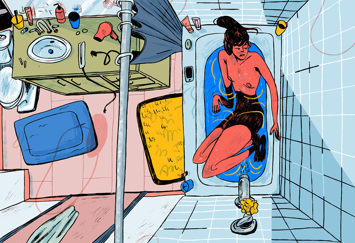 Bold colorful illustration of bathroom from ceiling perspective, person in tub