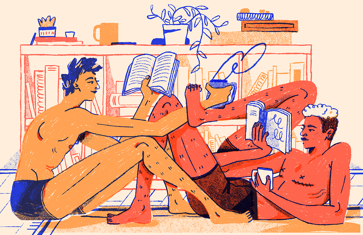 Illustration of two men sitting on the floor of a room reading books and holding mugs, top surgery