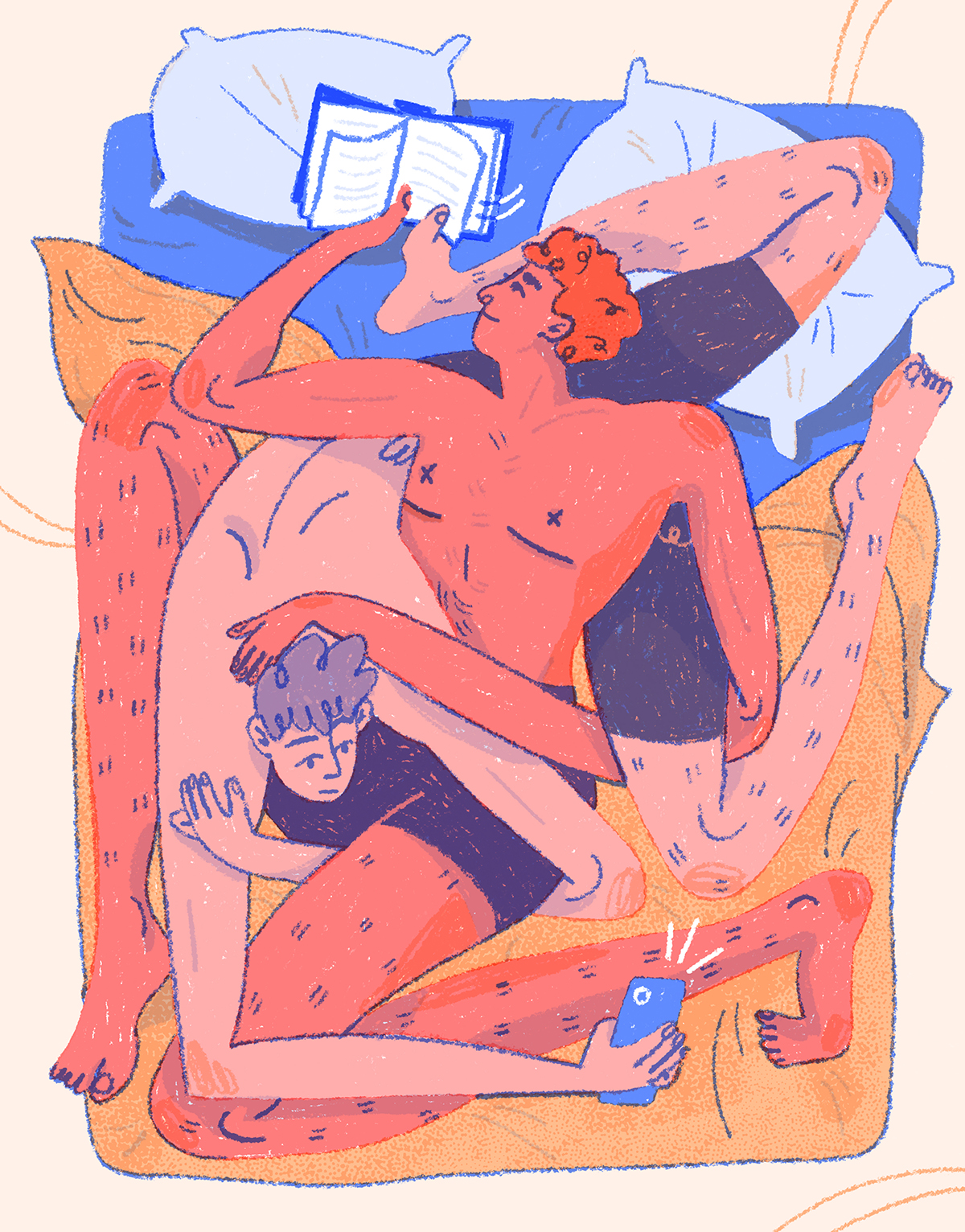 Illustration of two men tangled in bed, one with a book the other holding a cellphone