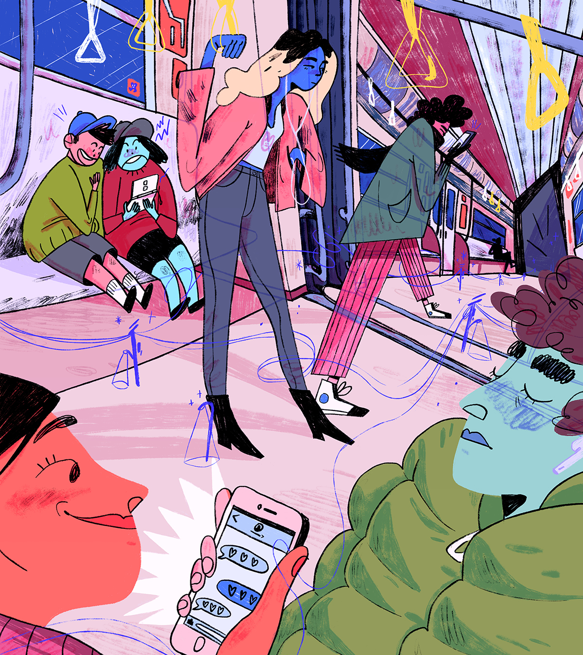 Colorful, bold illustration of a people on public transportation, woman in foreground holding cellphone smiling at messages
