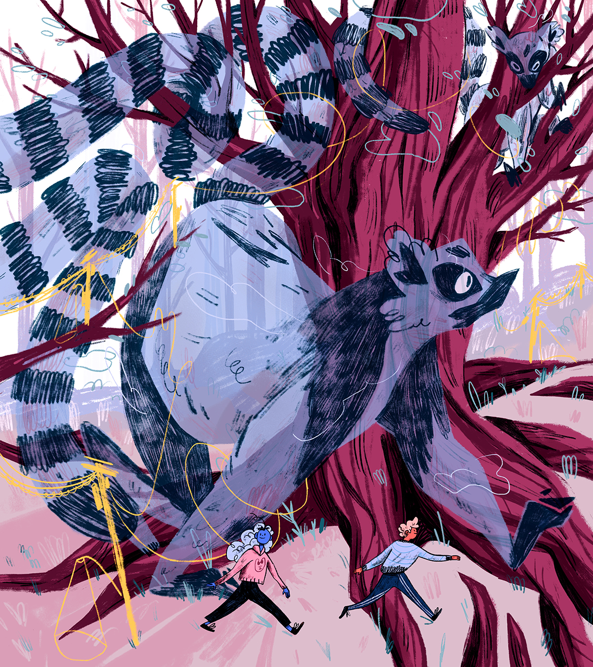 Bright illustration of a disproportionately lemur walking through forest, long tail tangled in the tree branches of tree its walking past