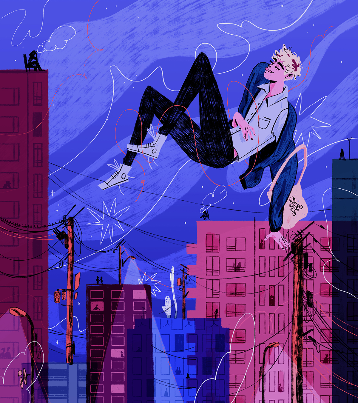 Illustration of night cityscape, buildings with human silhouettes in windows and a man floating, eyes closed in the relaxed posture in the blue sky