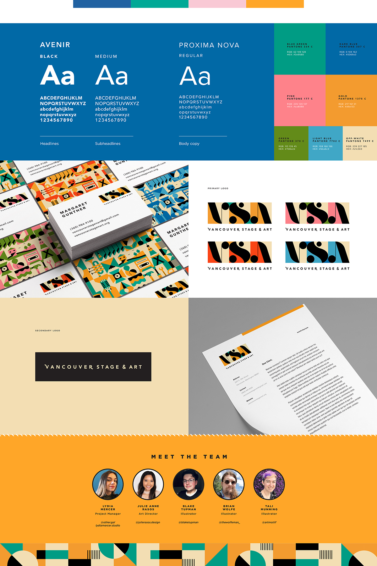 Colorful design system for Vancouver Stage & Art shows color swatches, stacks of business cards in 4 seasonal color variations, type system in Avenir and Proxima Nova fonts, letterhead with custom VSA designed to look like musical notation, and photos of the 5 designers who worked on the project under Julie’s direction