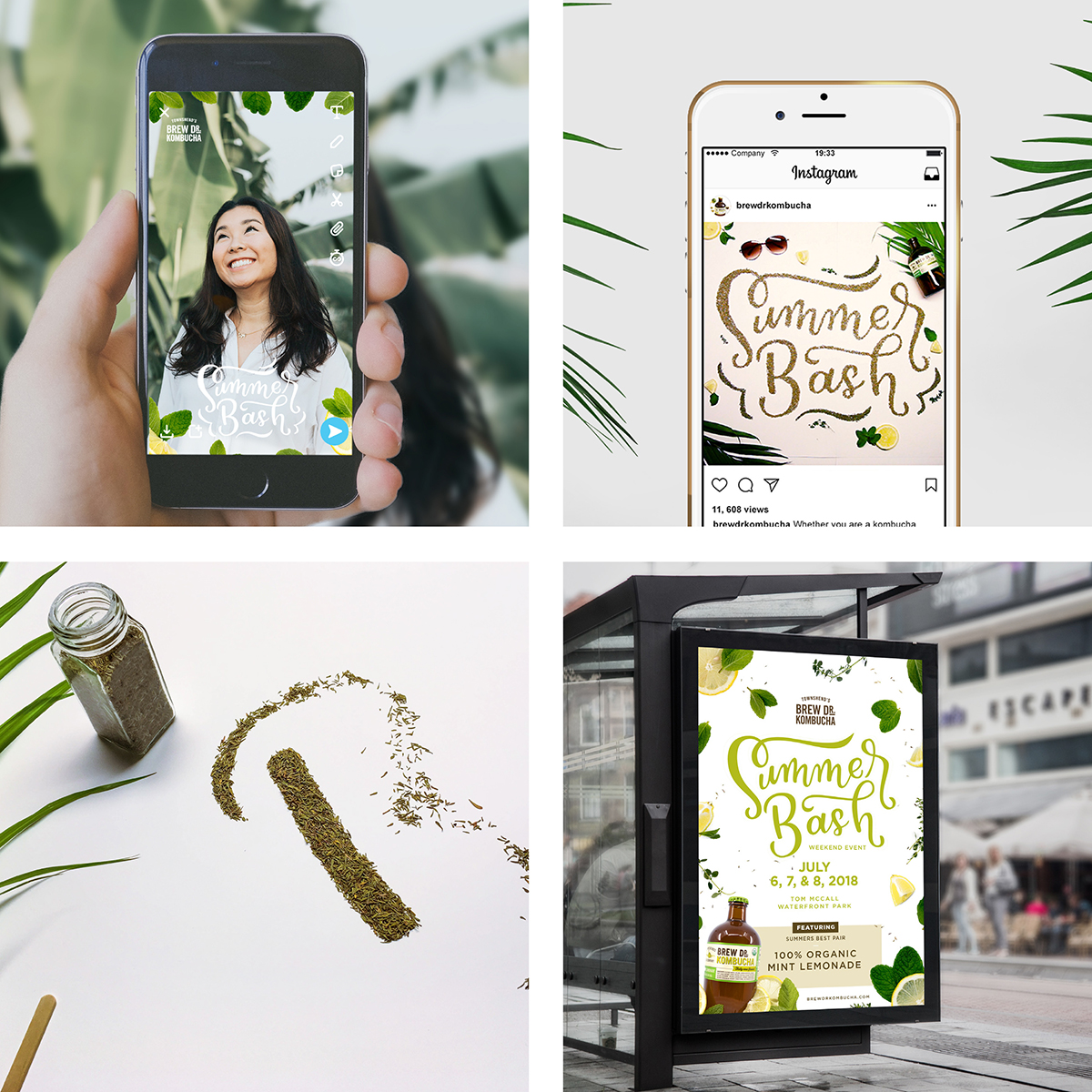 4 tiled images show different views of hand lettered script designed for Brew Dr. Mint Lemonade, reading 'Summer Bash.' Lettering is made from mint, with decorative lemons, in citrus colors. On phone with woman’s smiling face, in Instagram on phone with cut paper lemons and leaves, in progress, and on a bus billboard ad.