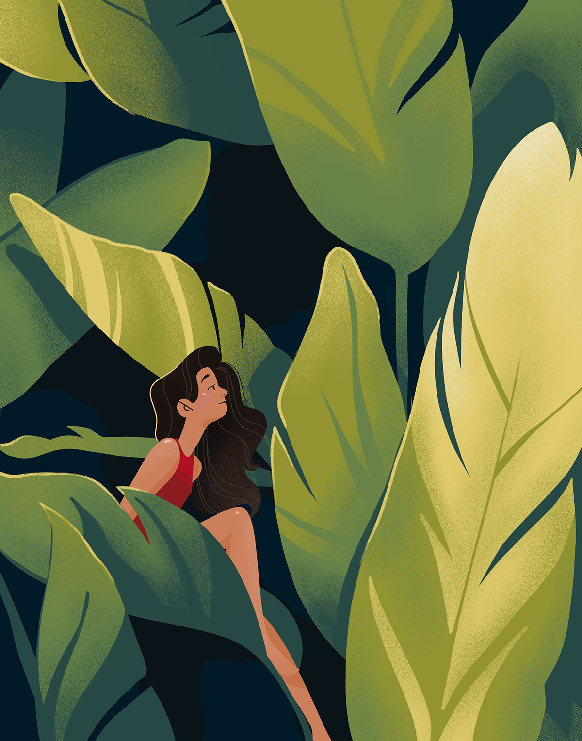 Graphic illustration of large green fronds, a girl in a red tank top sits in one of the folds of the leaves