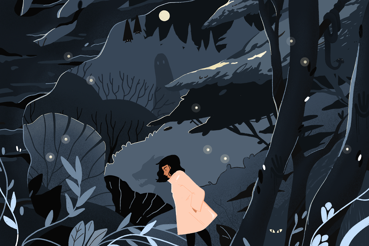 Graphic illustration of a spooky forest scene, a young woman in the foreground walking past. Her own shadow is the silhouette of a wolf