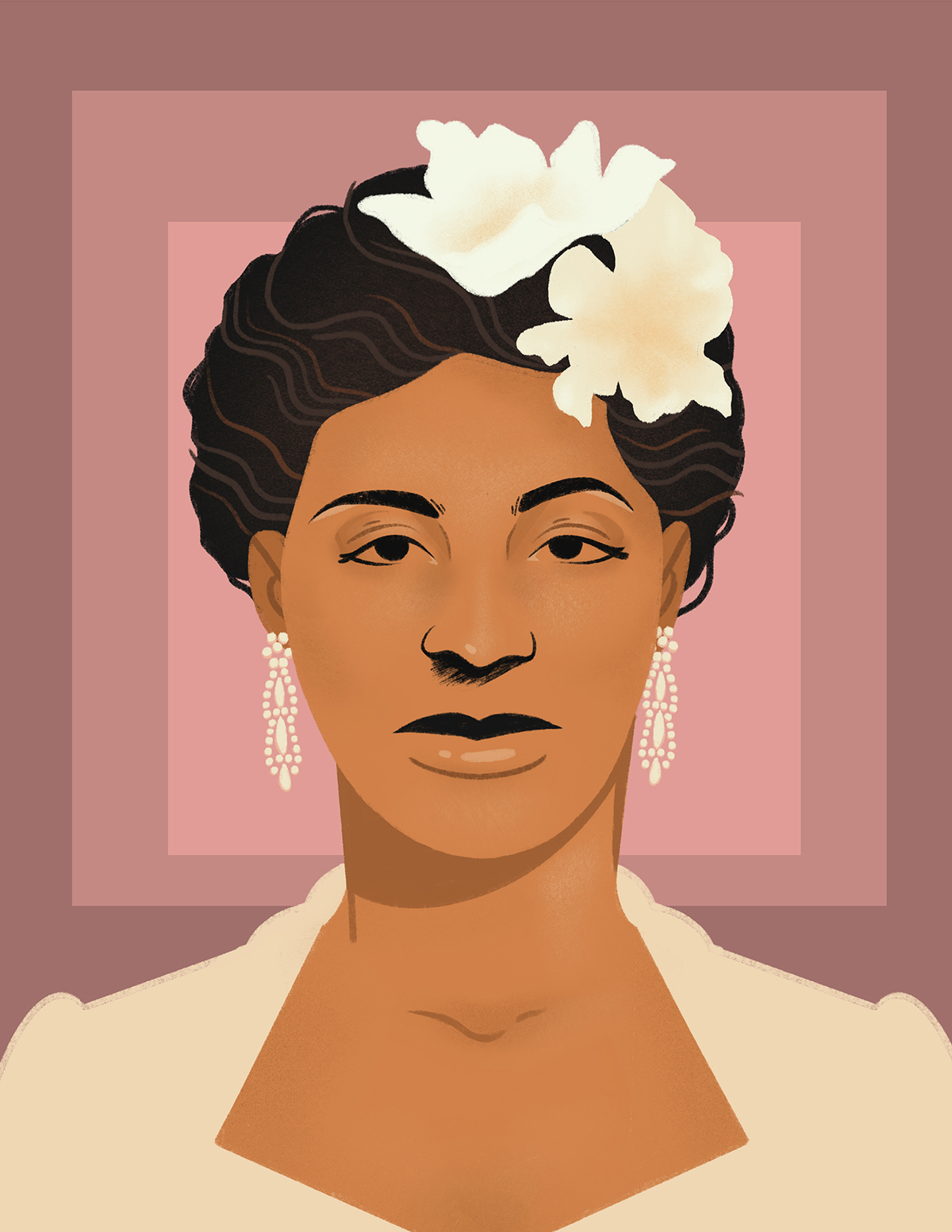 Graphic Illustrated portrait of Ella Fitzgerald with white flowers in her hair
