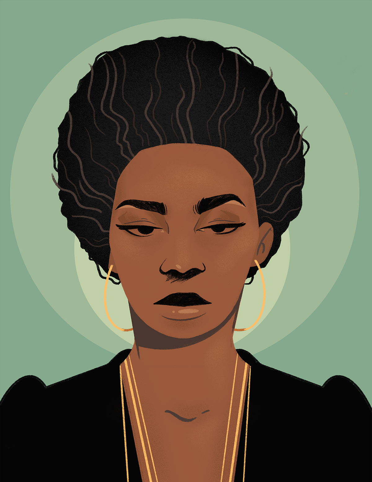 Graphic Illustrated portrait of Nina Simone with black dress and gold necklaces