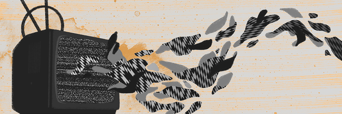 Graphic illustration of old tv with antenna, white noise on screen with various shapes emerging from it in a wave like pattern