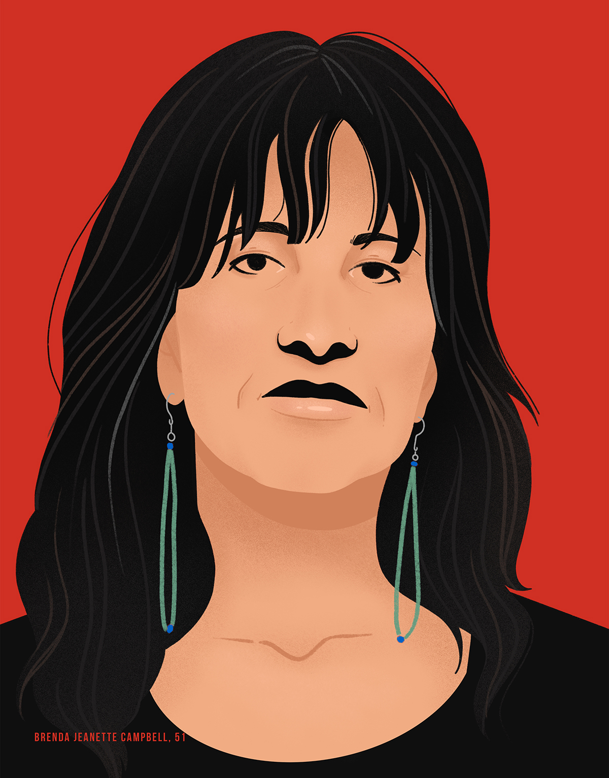 Graphic illustrated portrait of Brenda Janette Campbell, age 51, a missing indigenous woman. Name and age written in small font at bottom left