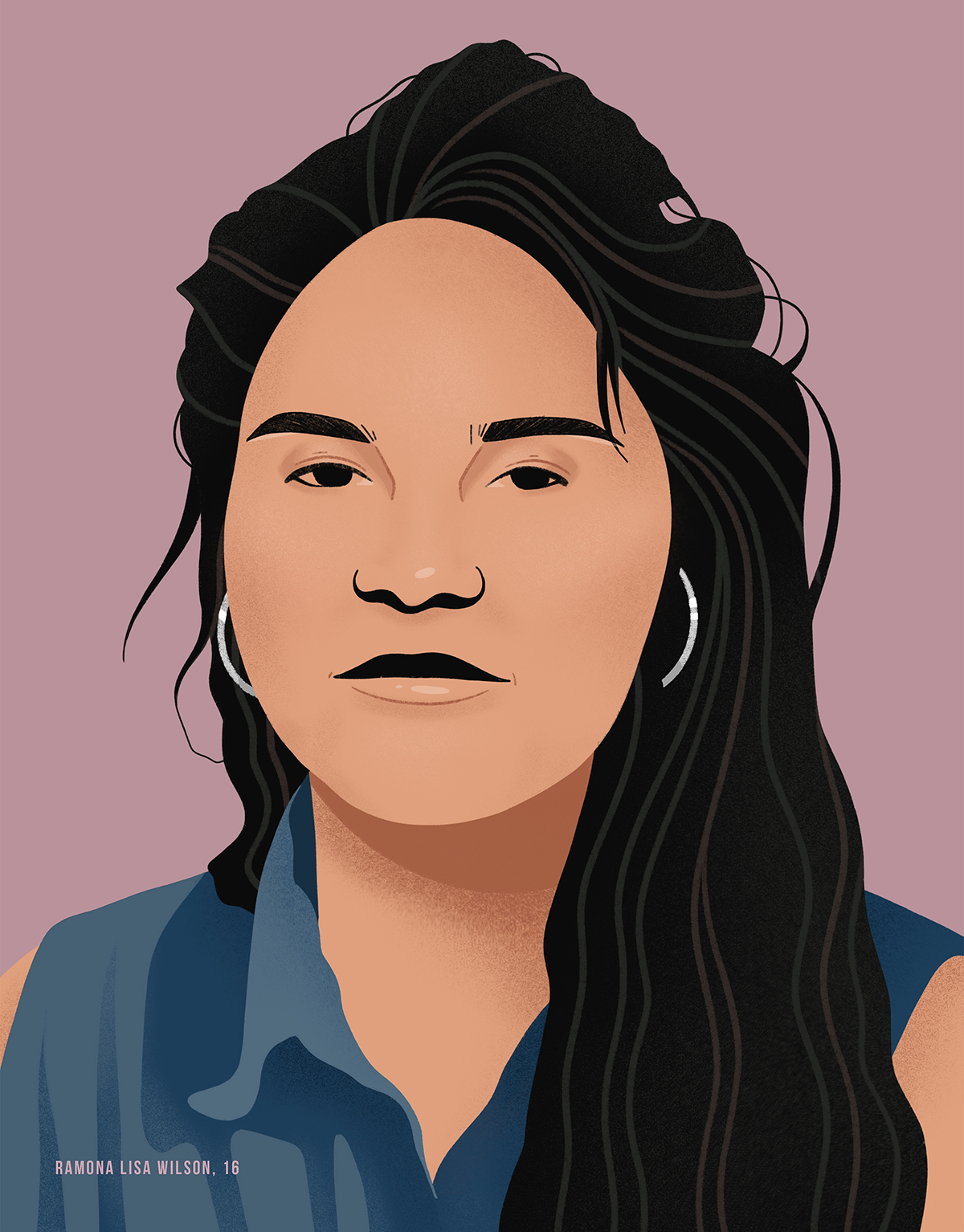 Graphic illustrated portrait of Ramona Lisa Wilson, age 16, an indigenous missing person. Name and age in small text at bottom left