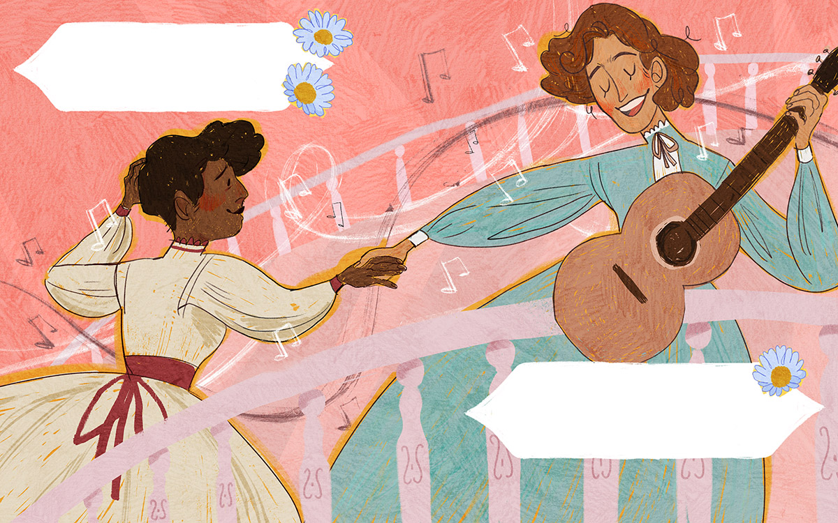 Whimsical illustration a black woman and a white woman in victorian dresses, dancing to music, with musical notes decorating the background. Woman on right holds a guitar.