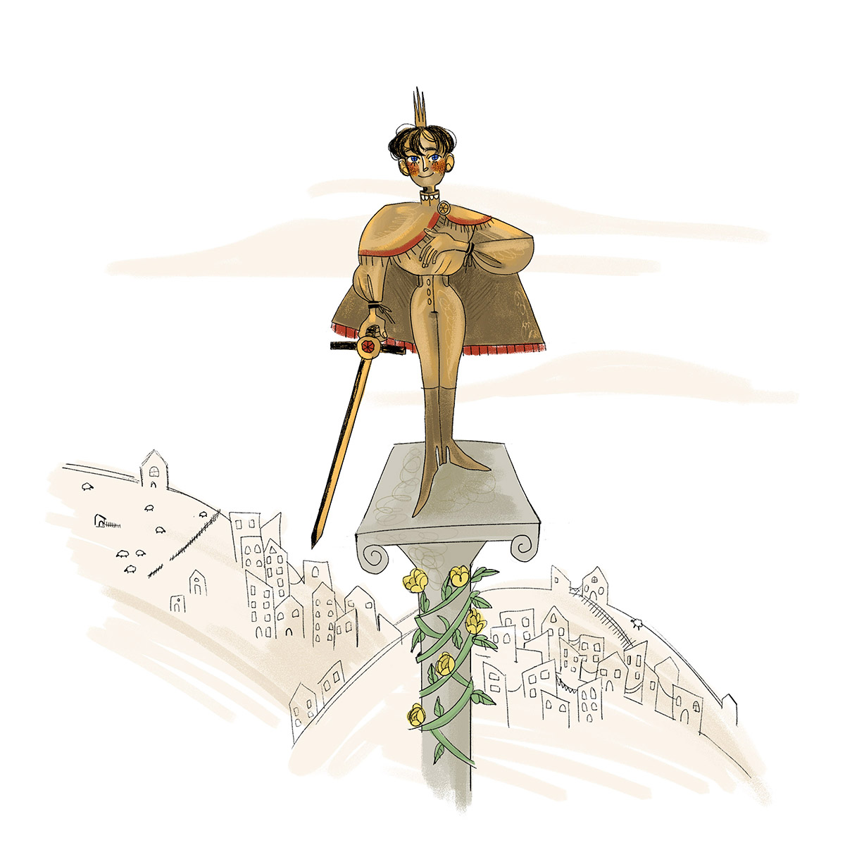 Illustration of statuesque figure holding a sword standing on a pedestal flanked with yellow roses