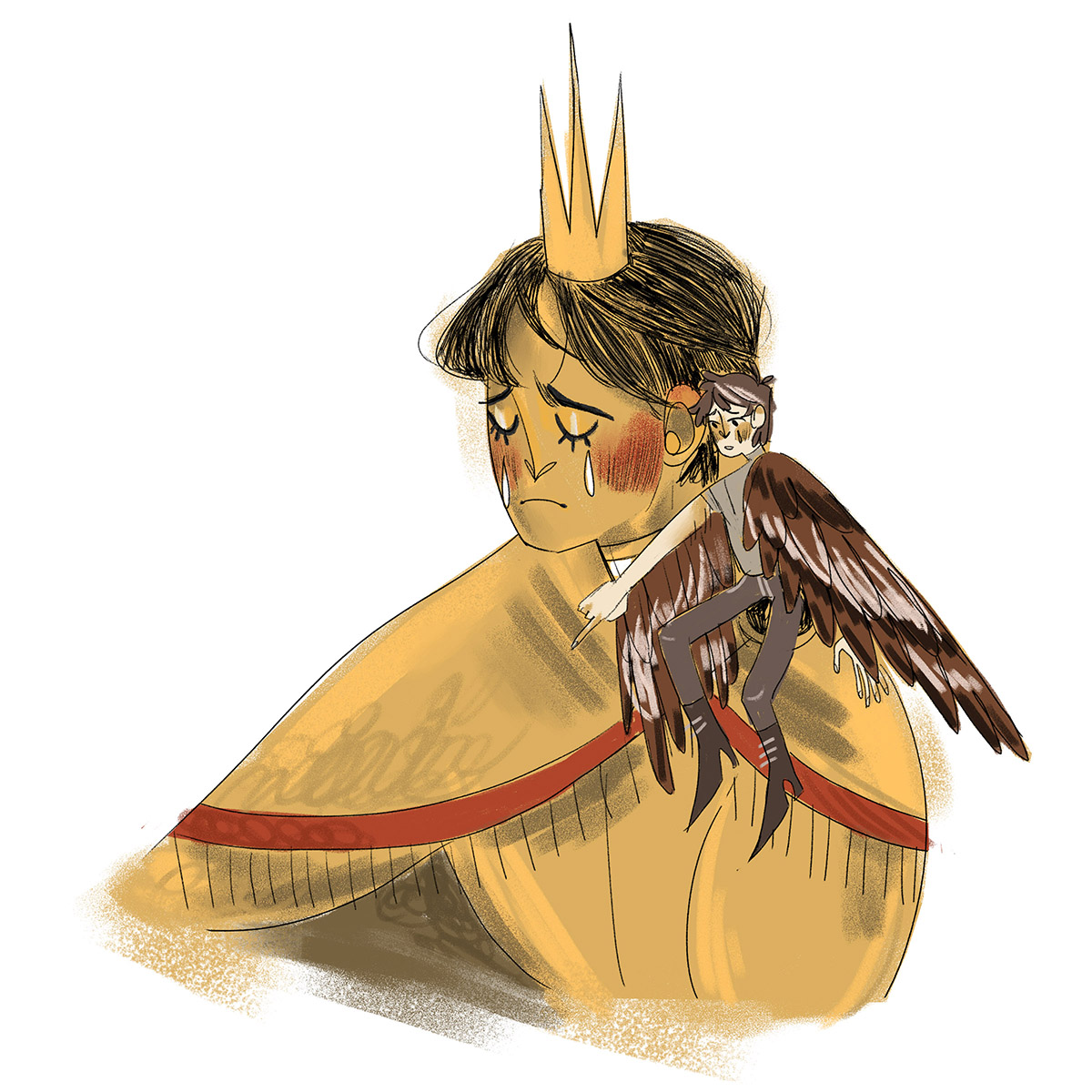 Illustrated character wearing a crown and crying with a smaller character with bird wings sitting on left shoulder