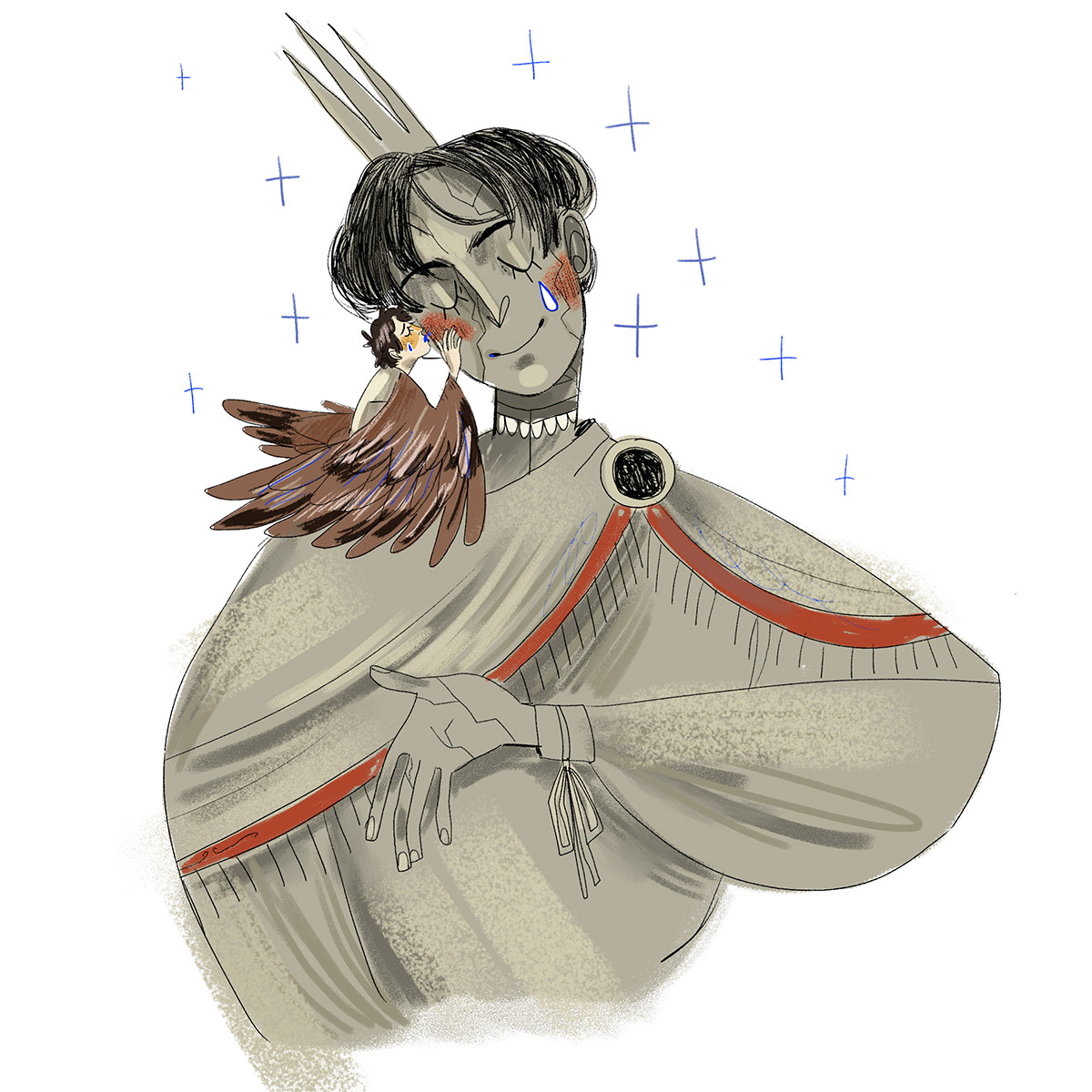 Illustrated statuesque character in a crown with a bird-man character on shoulder kissing away tears