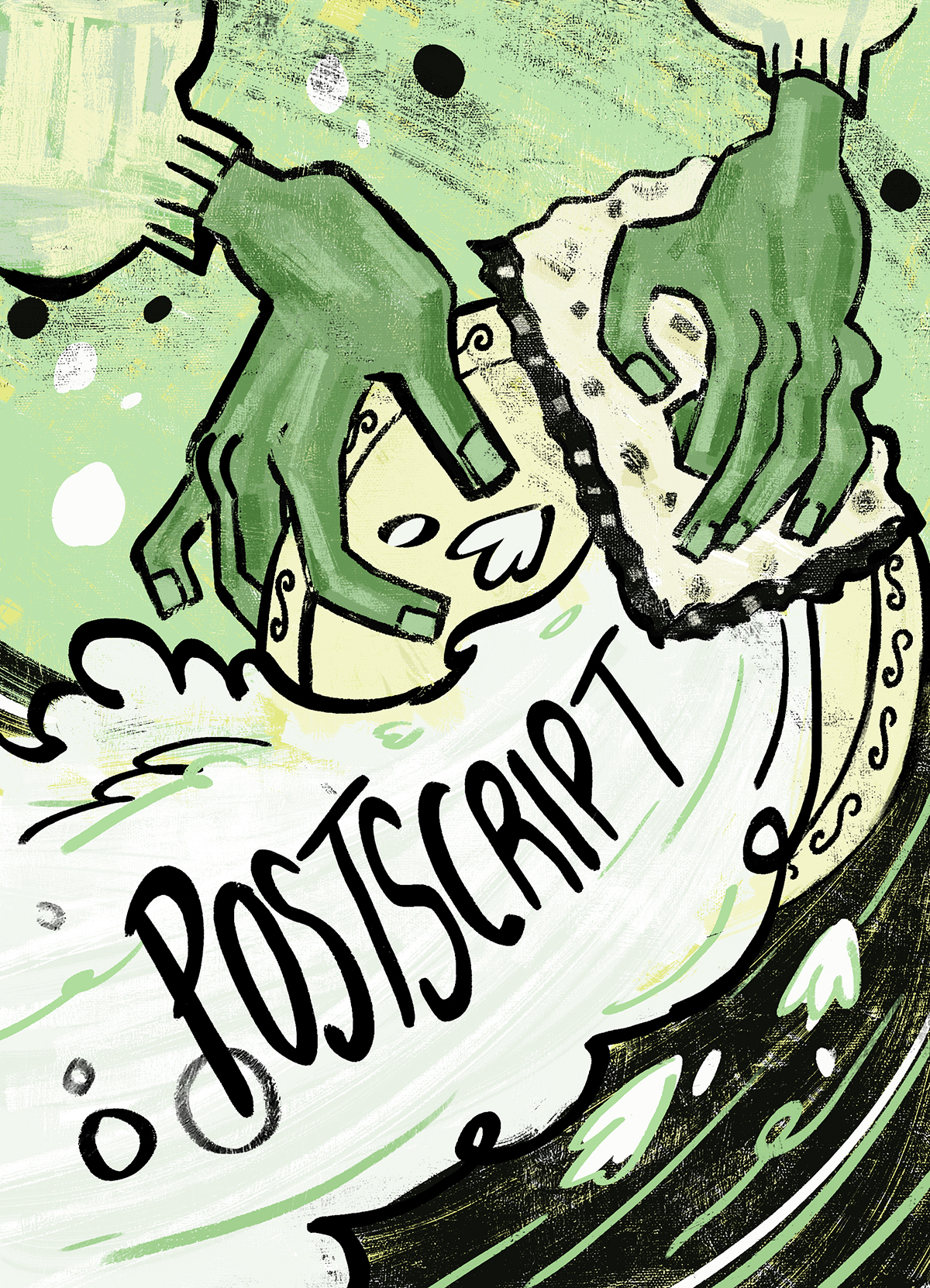 Comic illustration of hands scrubbing a dish plate with a sponge, text written in water reads 'Postscript'