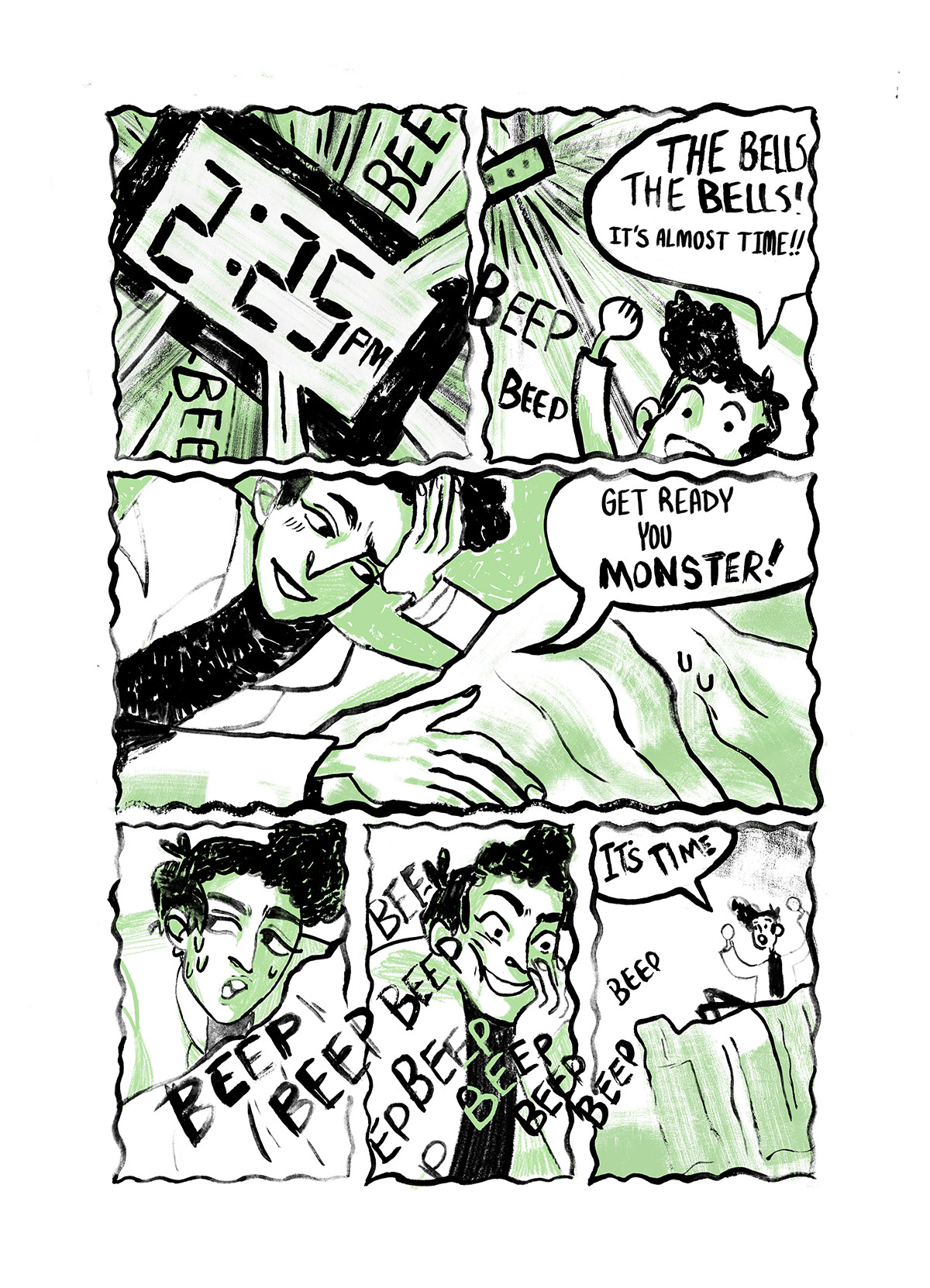 Comic illustration with various panels showing an alarm beeping at '2:45' eliciting excitement in comic characters
