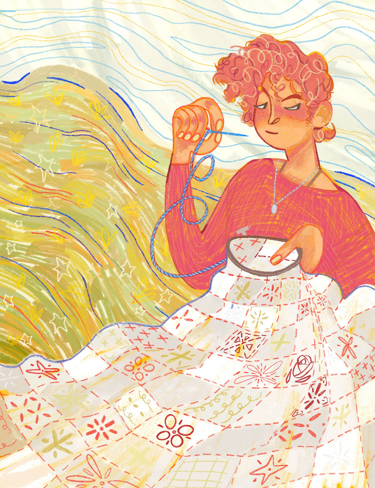 Pastel colored illustration of a woman stitching patterns into a quilt with a flowing textured wavy background with stars and swirls