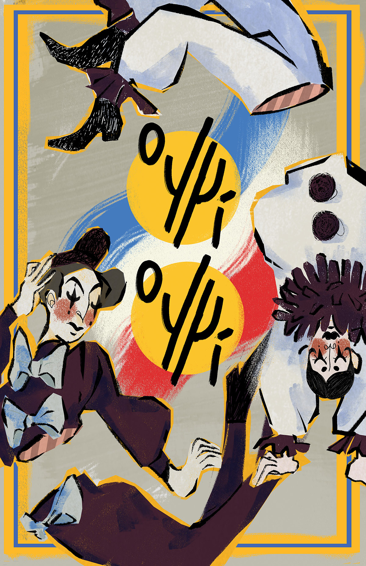 Bold highly textured illustration of two mime clowns in expressive motion, with text highlighted in yellow circles in the center saying 'oyyi, oyyi', second y is backwards.
