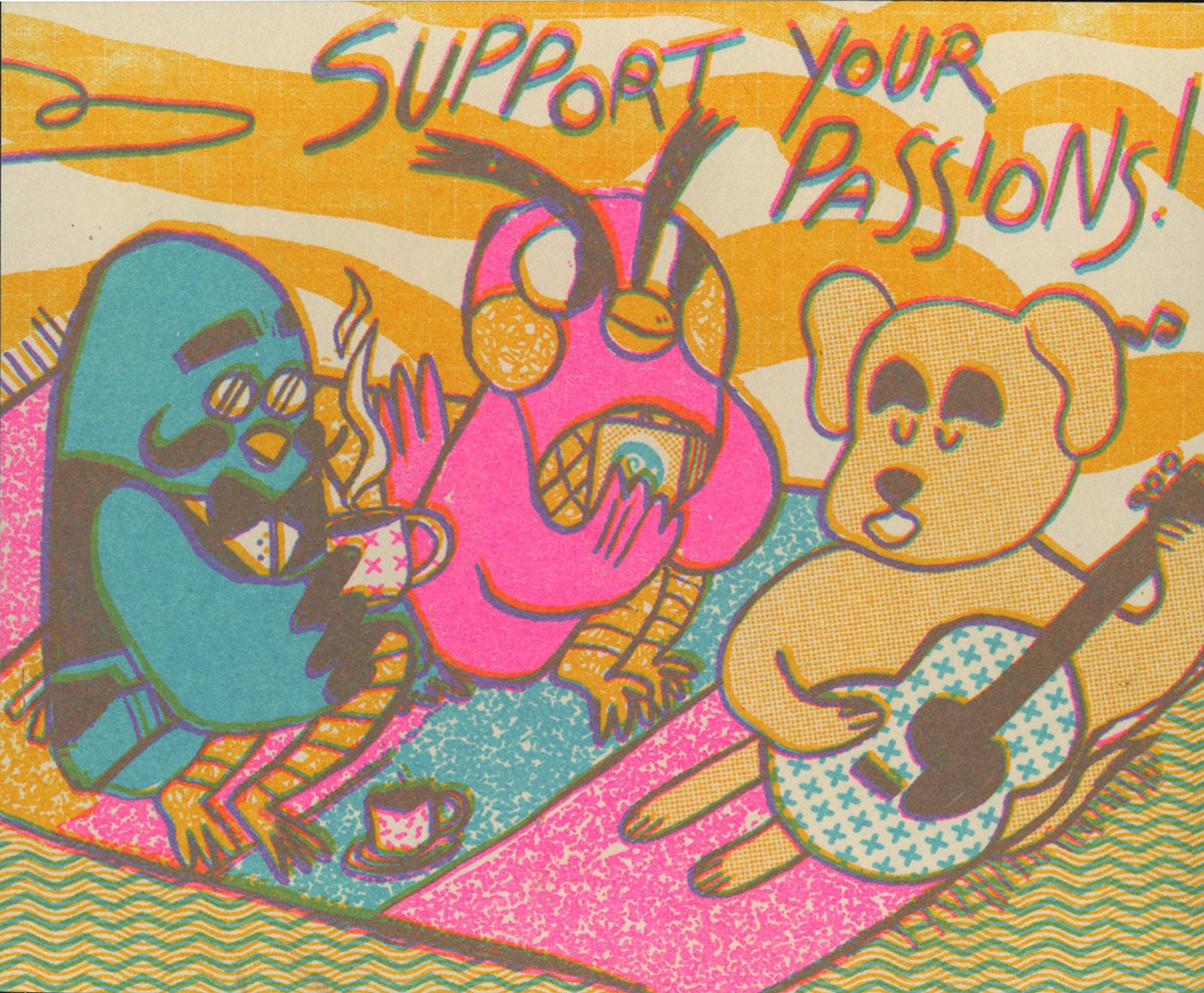 Bold colored illustration of a bird, and owl and a dog on a beach towel drinking tea, playing cards and playing music. Text above reads, 'support your passion'