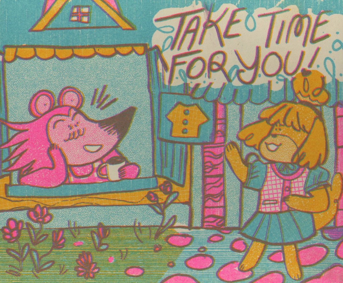 Bold colored illustration of a hedgehog relaxing in the window of a house with a dog in a dress walking down the pathway waving. Text reads, 'take time for you!'