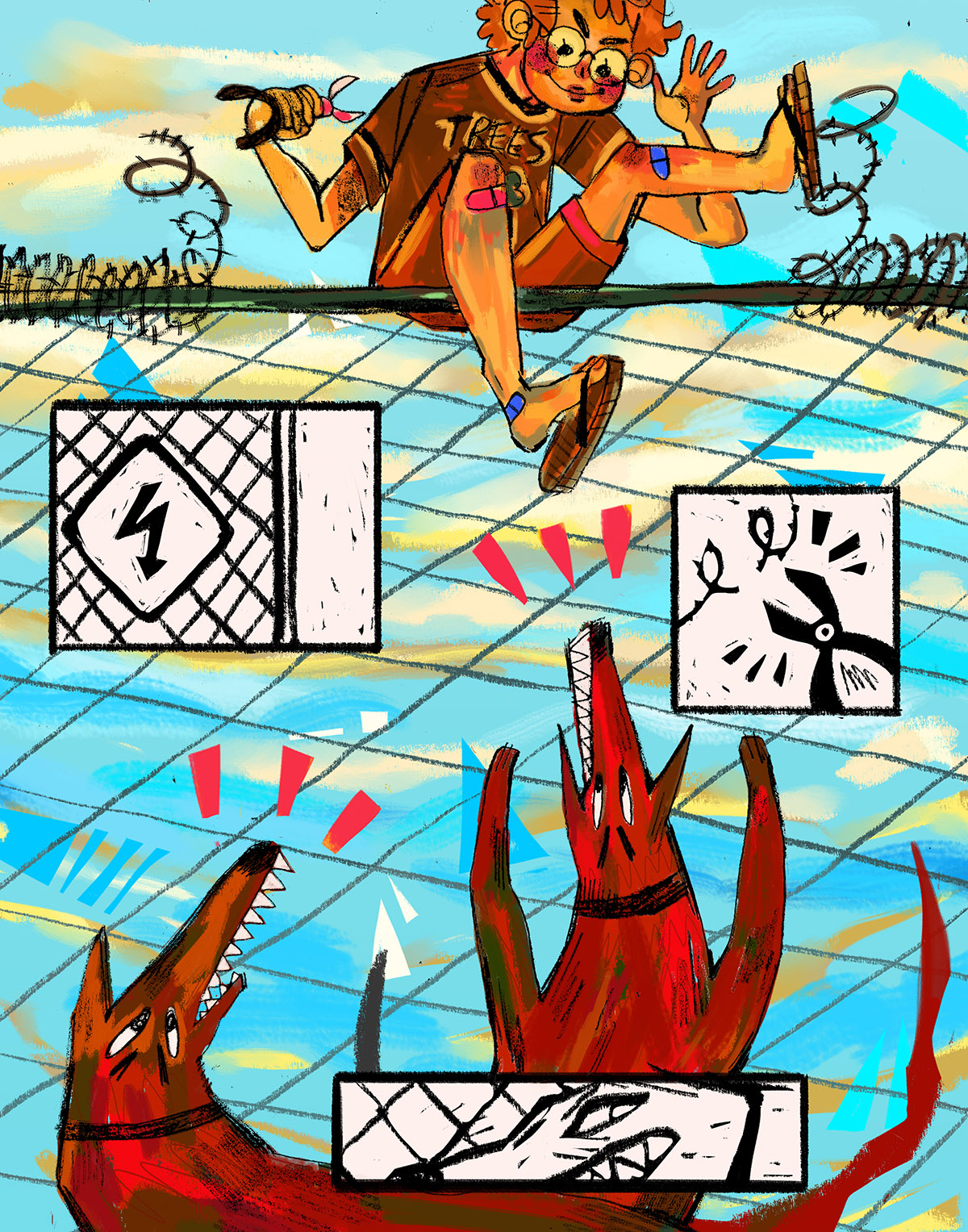 Textured illustration of a kid clipping barb wire off the top of a fence, taunting two guard dogs jumping up at the bottom of the fence. Red flecks from dogs mouths emphasize barking.