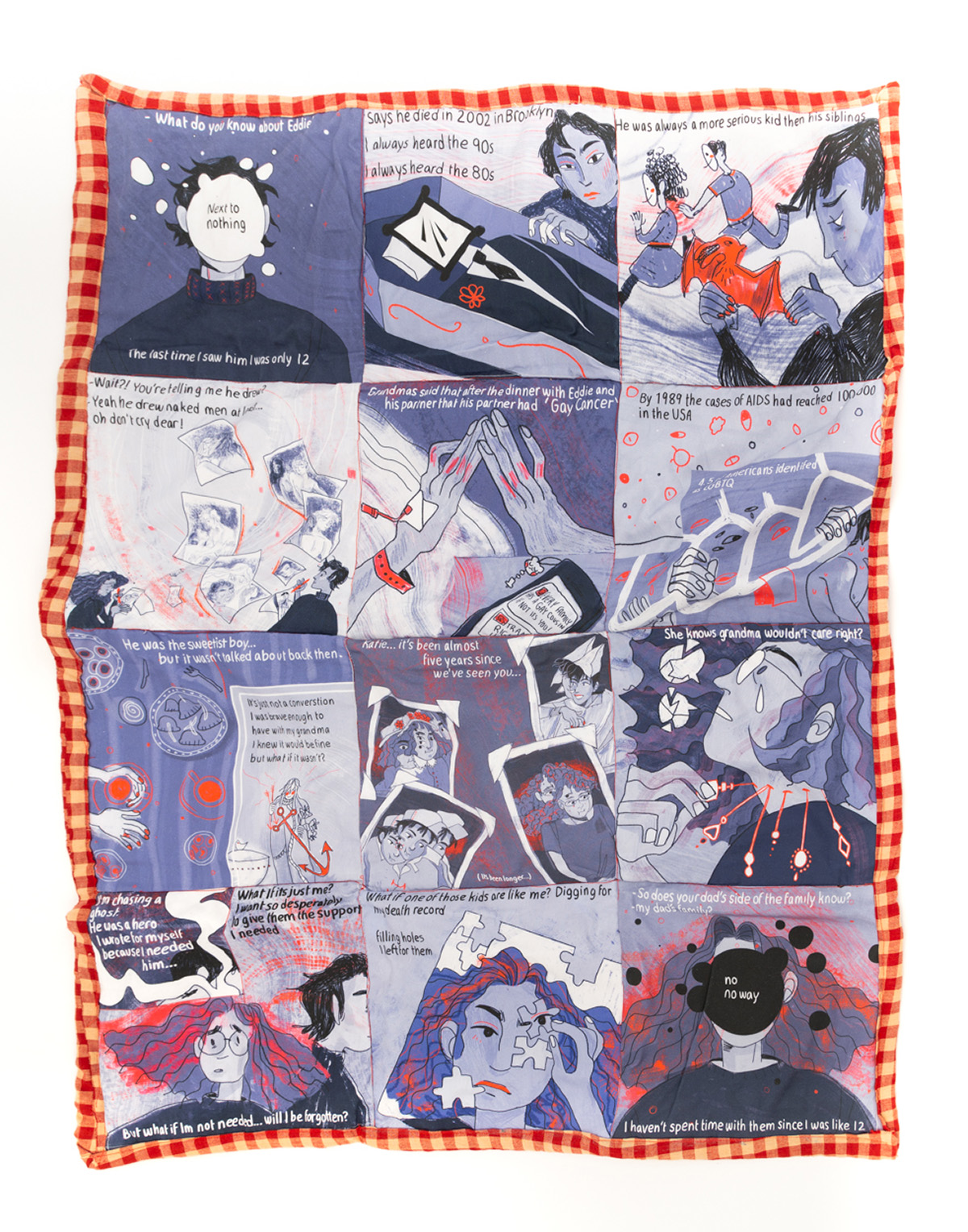 Sewn quilt made up of illustrated comic squares depicting a story of family, homosexuality and AIDS