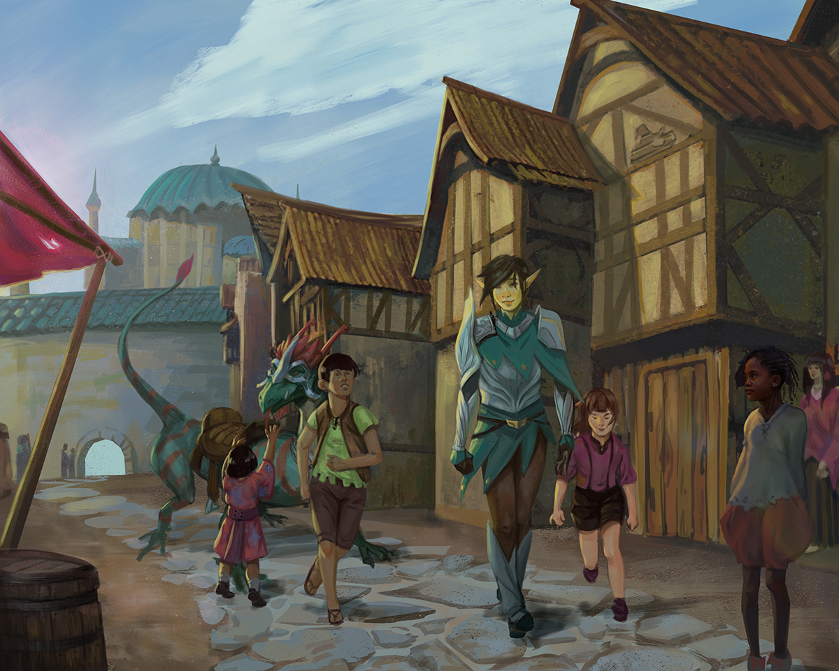 Sci fi concept illustration of medieval village elven character walking down cobblestone street chased by kids, small pet dragon in the background