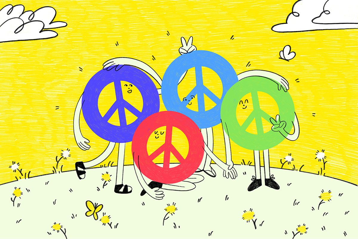 Four illustrations of different colored peace signs in a field of small yellow flowers