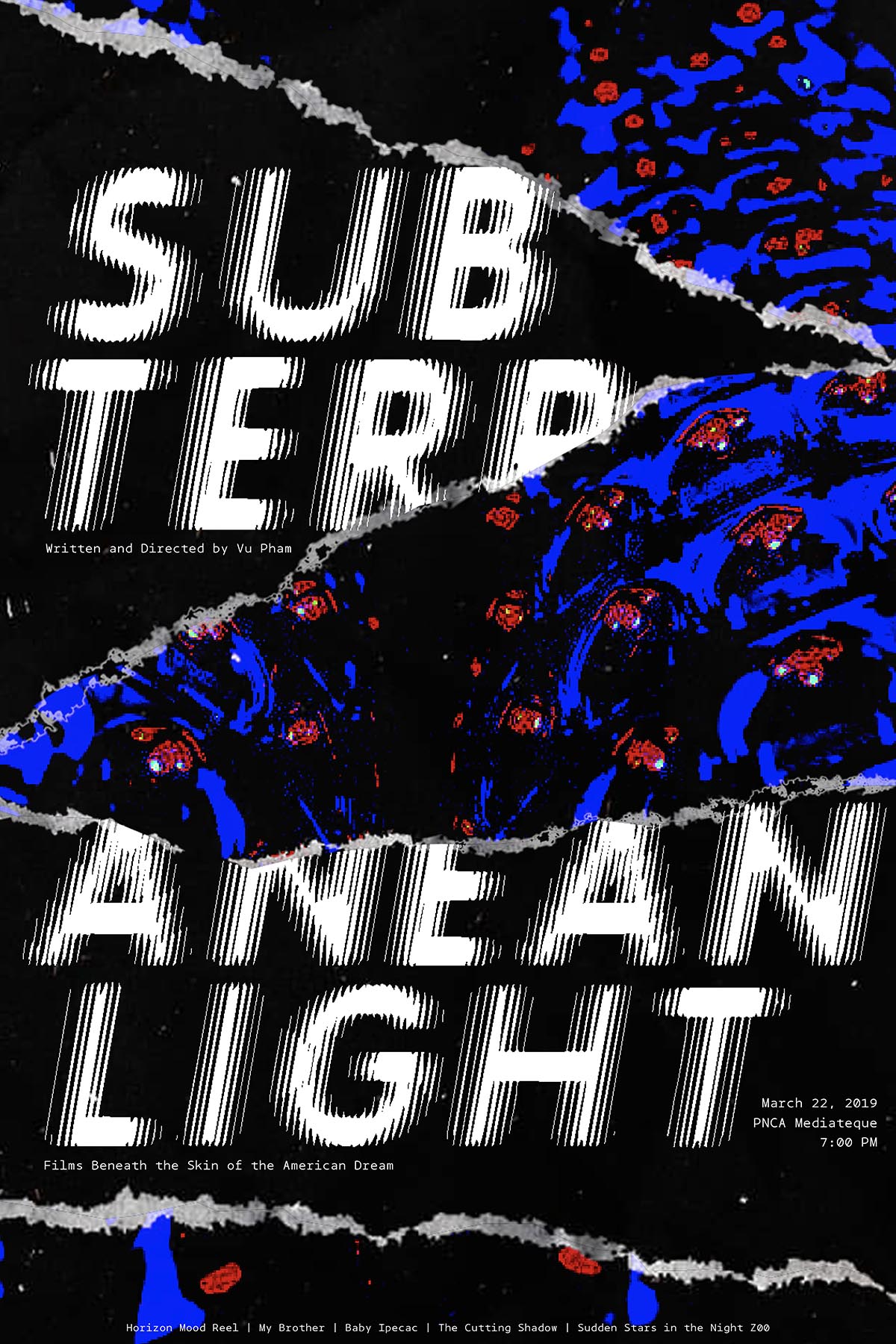 Blue and red painterly image is collaged with torn paper edges into black and white, digital, retro looking poster design. Reads, 'Subterranean Light'  in big type. Small text details the film showing at PNCA Mediatheque.