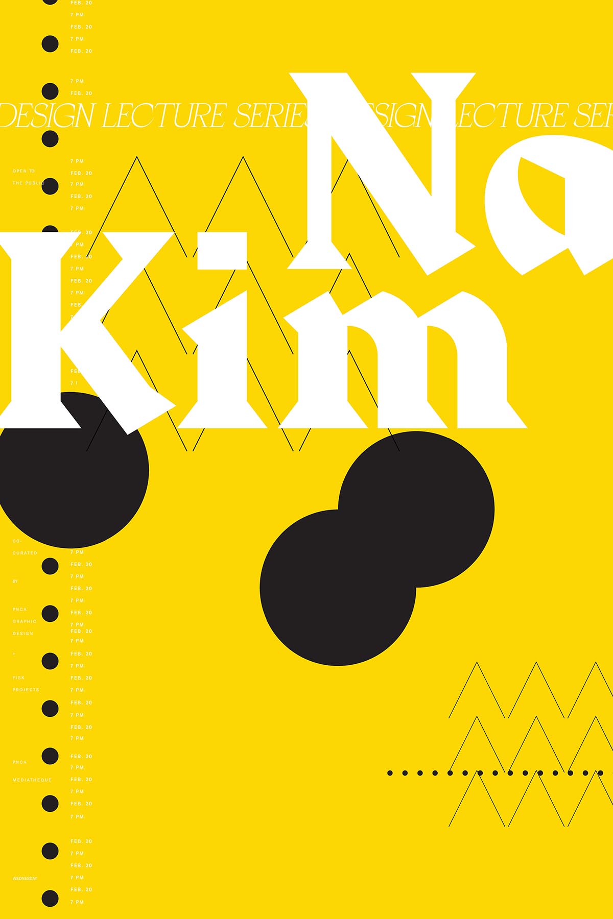 Large, yellow black and white, geometric poster design reads Design Lecture Series in small type, and artist named Na Kim in huge type. Shapes are pulled from Na Kim’s artwork, including large circle and delicate lines.