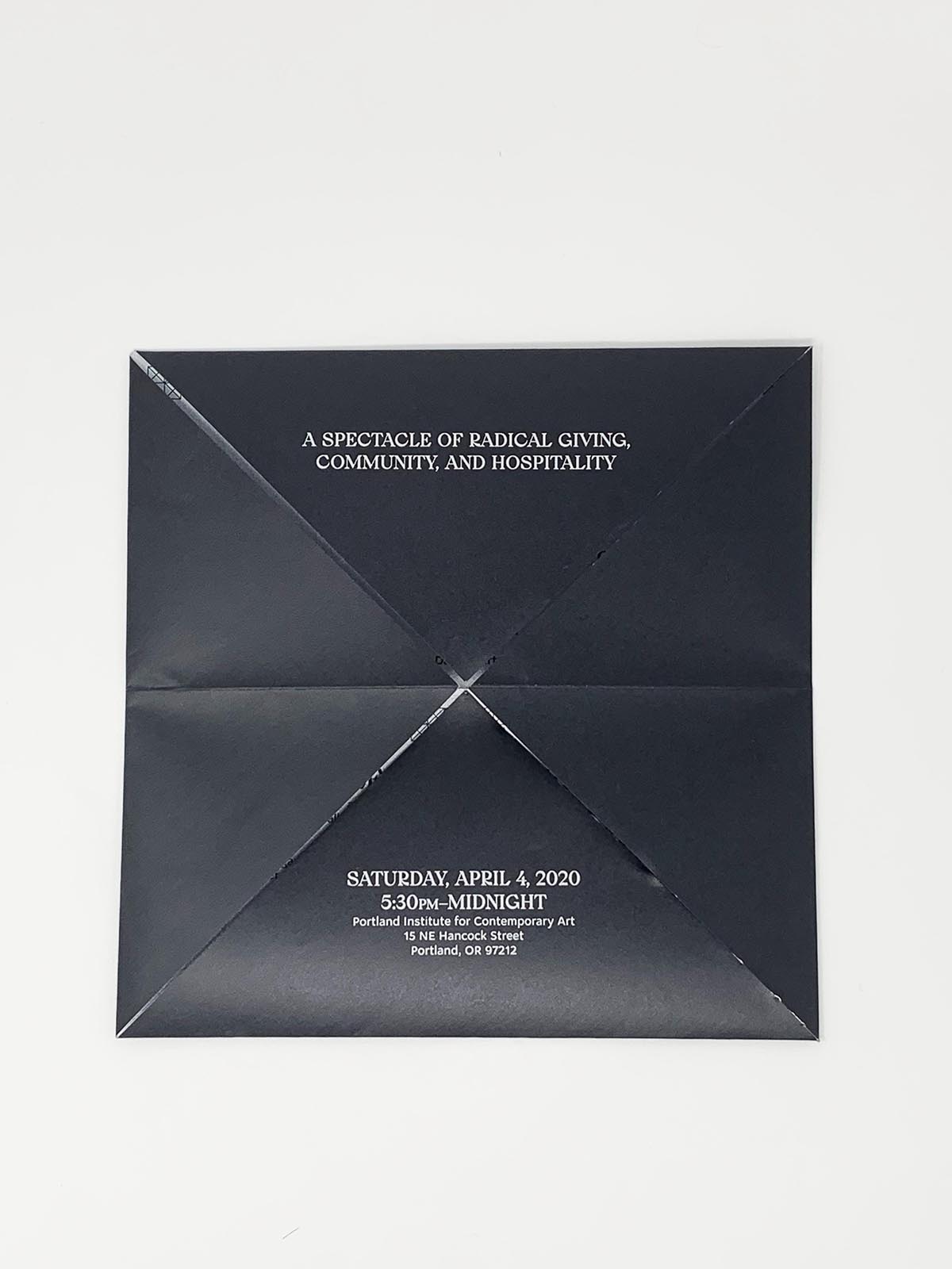 Square, folded invitation design in black and silver, reads 'a spectacle of radical giving, community, and hospitality.'