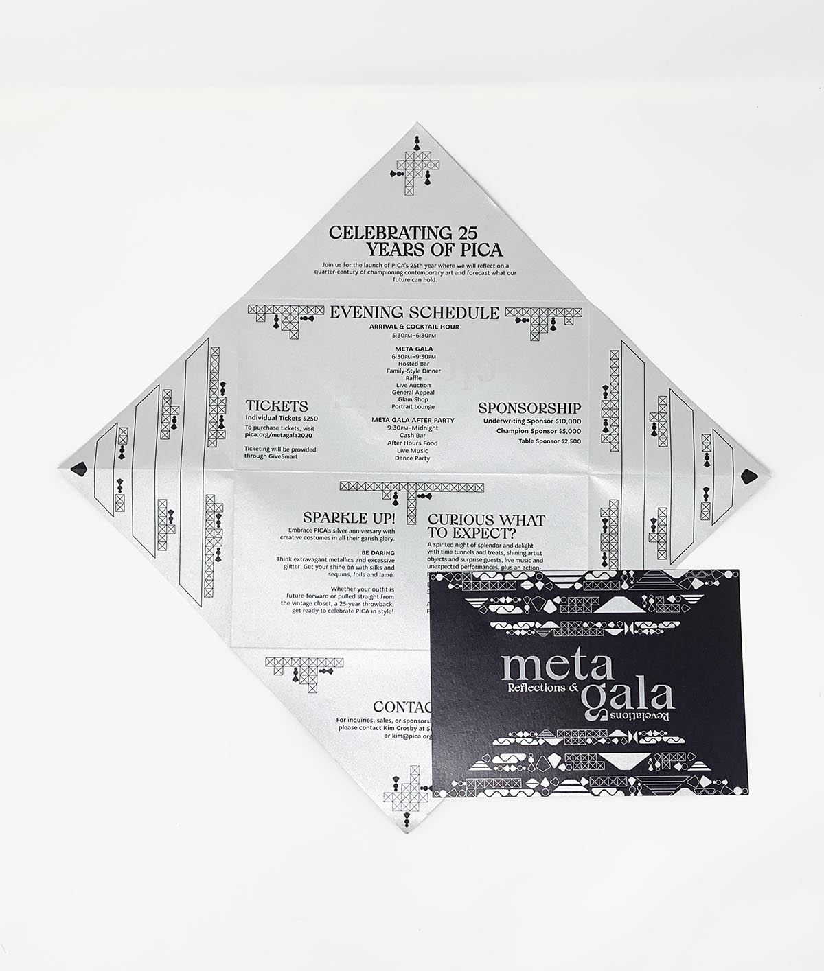 Square, unfolded invitation design in black ink on silver paper, with geometric shapes locked into patterns, and event details in flowy, modern serif type. Contrasting black design says 'meta gala' in larger type with some of the same patterns detailing in silver.