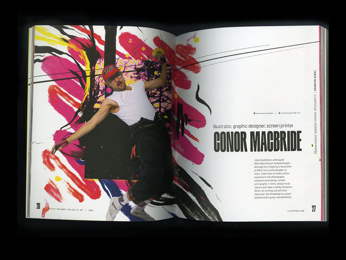 Interior spread of same book on black, design shows expressive pink and red and orange marks and a photo of Conor McBride jumping or dancing playfully, along with the illustrator’s biography.