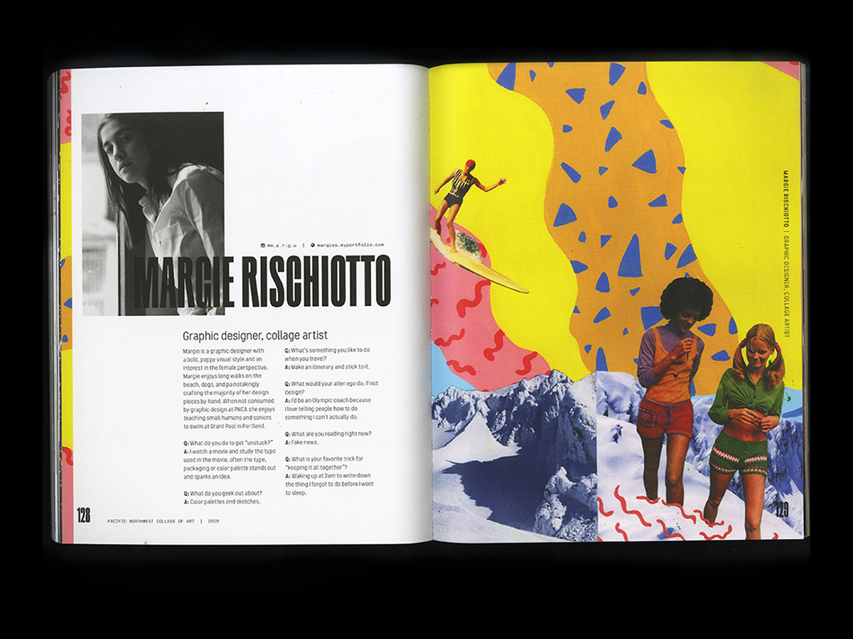 Interior spread of same book on black, design shows thoughtful looking portrait of Margie Rischiotto leaning over next to window, along with  her name in bold text and biography. Her collage designs are bright yellow, pink, and purple, flowing into icy mountain scene, with summery figures walking and surfing on the shapes.