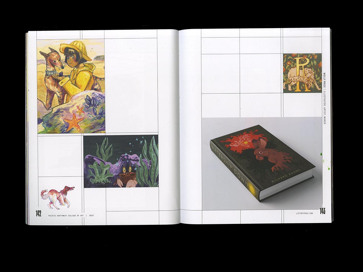 Interior spread of same book on black, design shows irregular grid in black lines on white, with several illustrations by Molly Price featuring dogs, a child in a raincoat, a book cover for Watership Down.