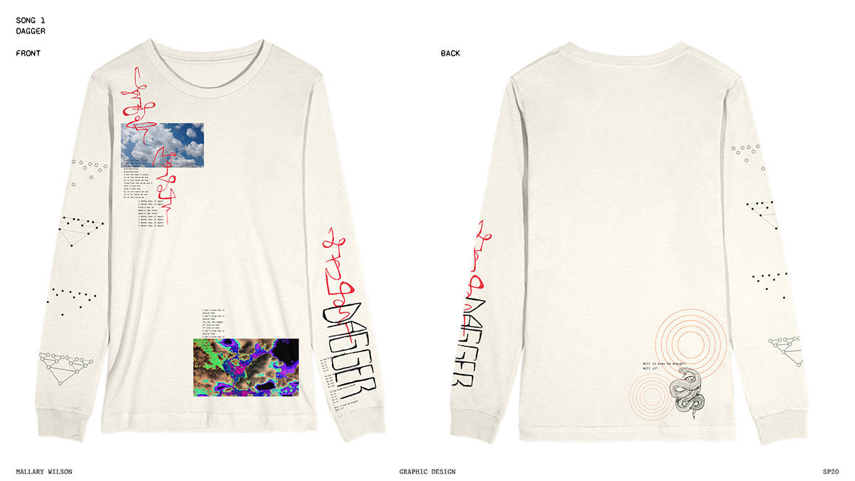 Cream colored, long-sleeve shirts with designs on a white background. Design printed onto  shirts is a mix of expressive lettering, small technical-looking lettering, photo of blue sky, and digital glitch art in bright colors. Clean geometric shapes in black and white line the sleeve. Shirt shown from front and back.