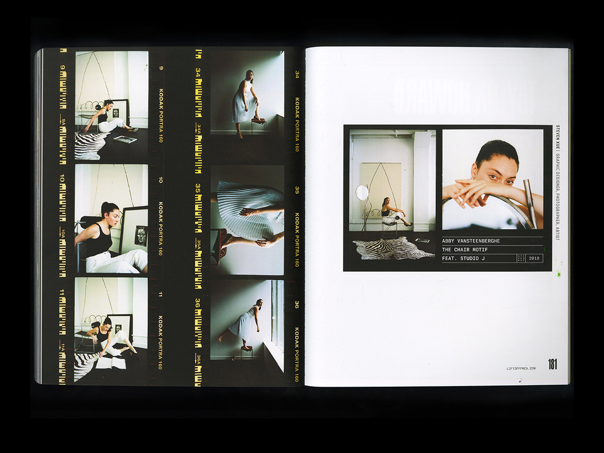 Interior spread of same book on black, design shows a filmstrip of studio photos of several women moving around their spaces on the left, and a larger image on the right split between a woman peering over her hand on half and seated in a chair with light on the other half.