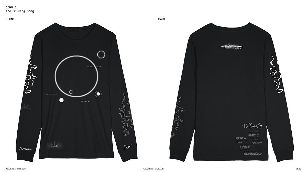 Black, long-sleeve shirts with white designs on a white background. Design printed onto shirts contains several circle shapes overlaying each other, looks like planets or orbits. Expressive marks line the sleeves. Shirt shown from front and back. Reads 'The Driving Song' with very small text.
