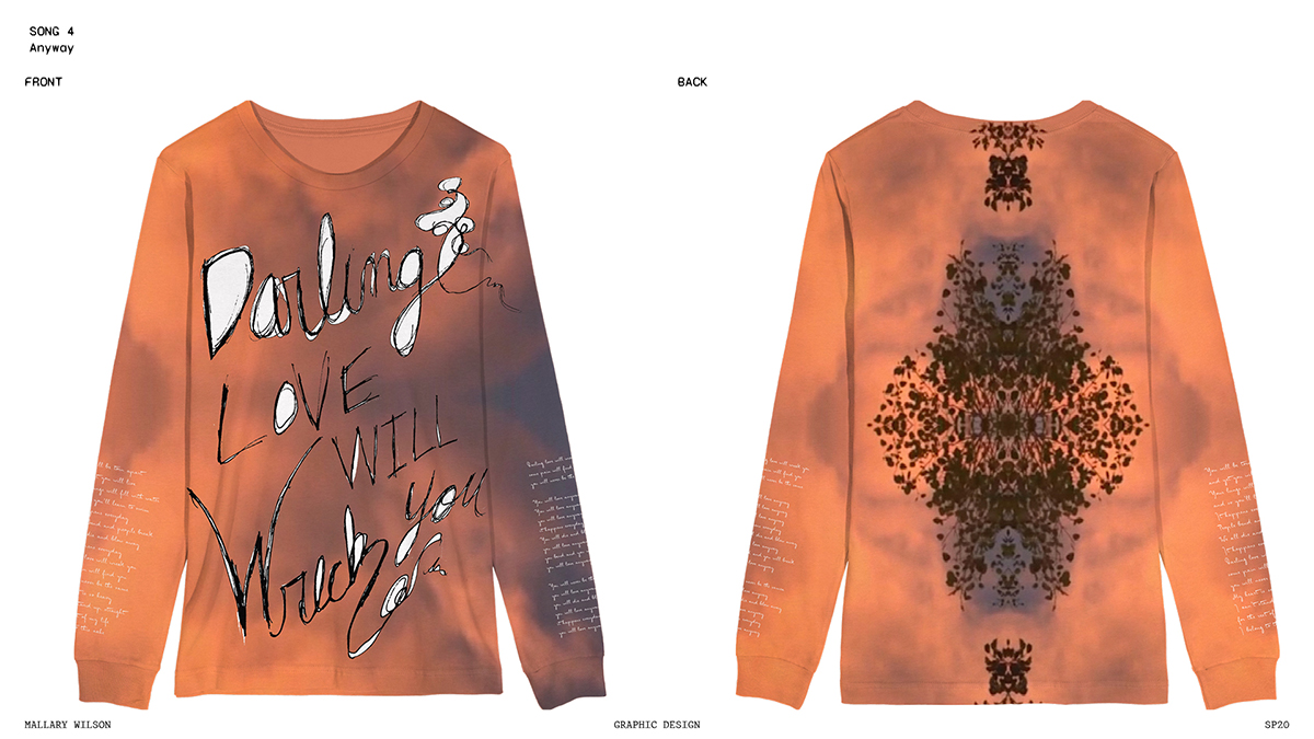 Peachy orange tie-dye, long sleeved shirts shown from front and back. Printed design reads 'Darling, love will wreck you' in black script and white shapes, small text of lyrics lines the sleeves.