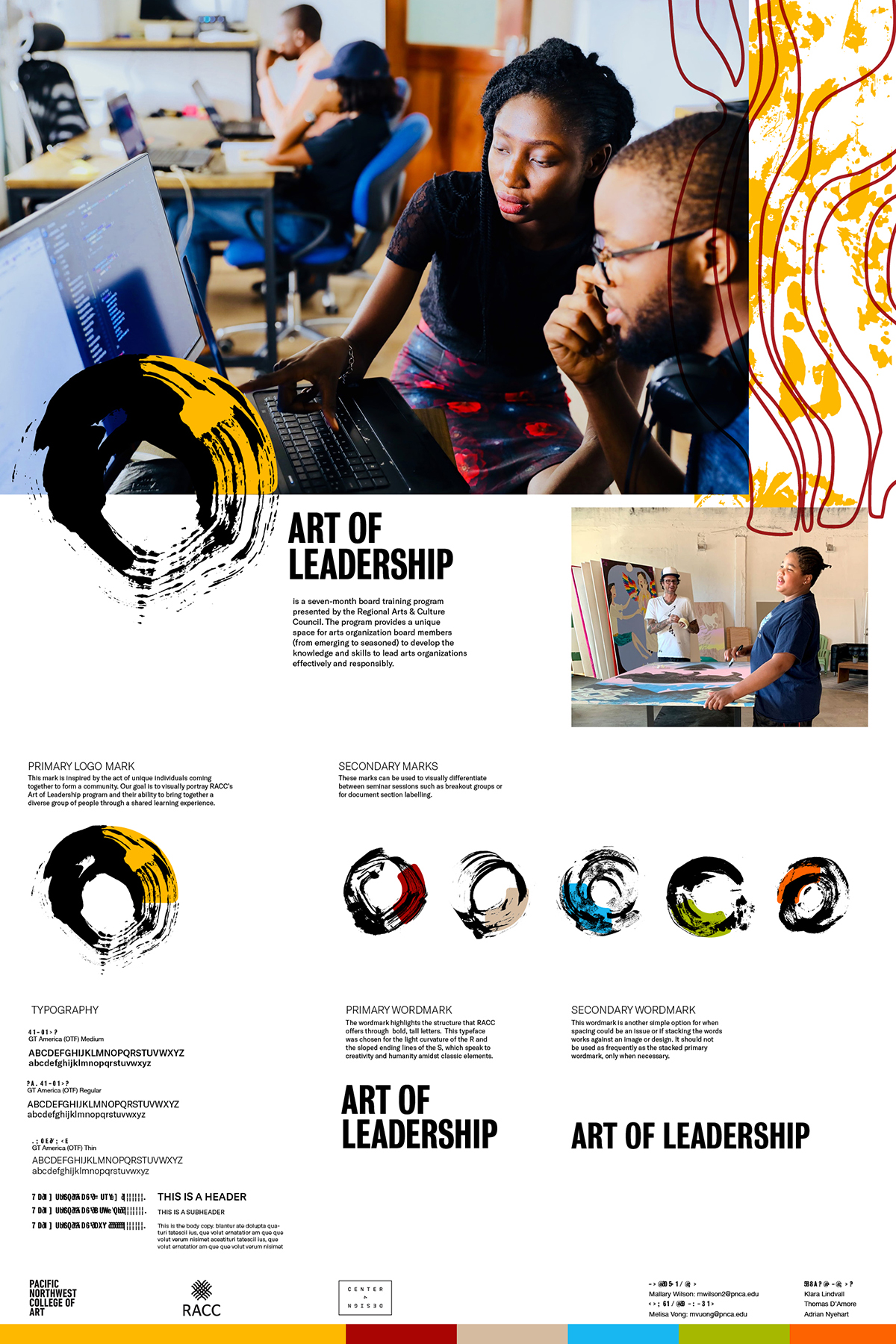 Brand system poster for 'Art of Leadership' program shows photos of people interacting in creative work settings, bold, all-caps type design, and expressive and painterly marks making up a circular logo, in bright off-primary colors.
