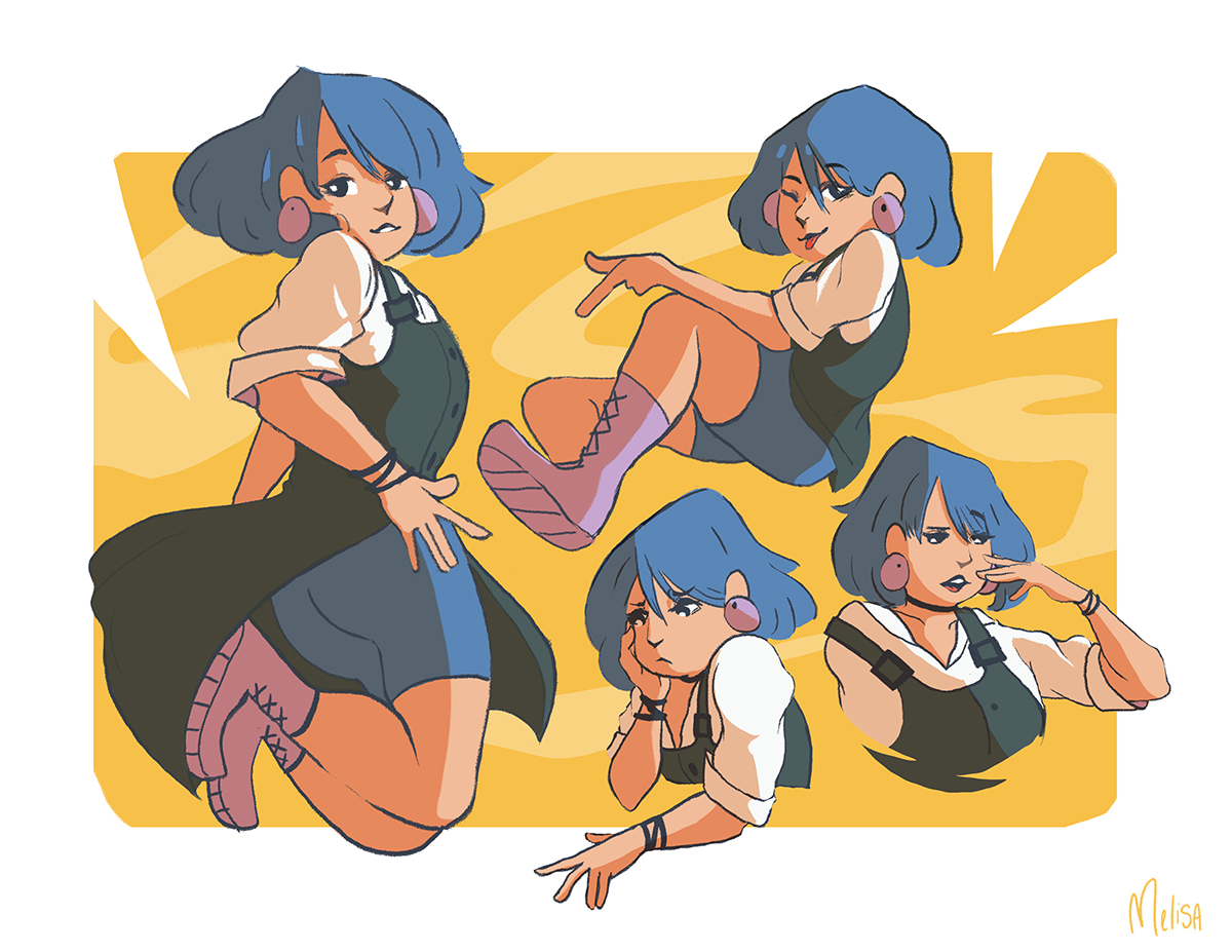 Comic character design illustration showing a sassy young woman with blue hair in different expressive poses, yellow graphic background