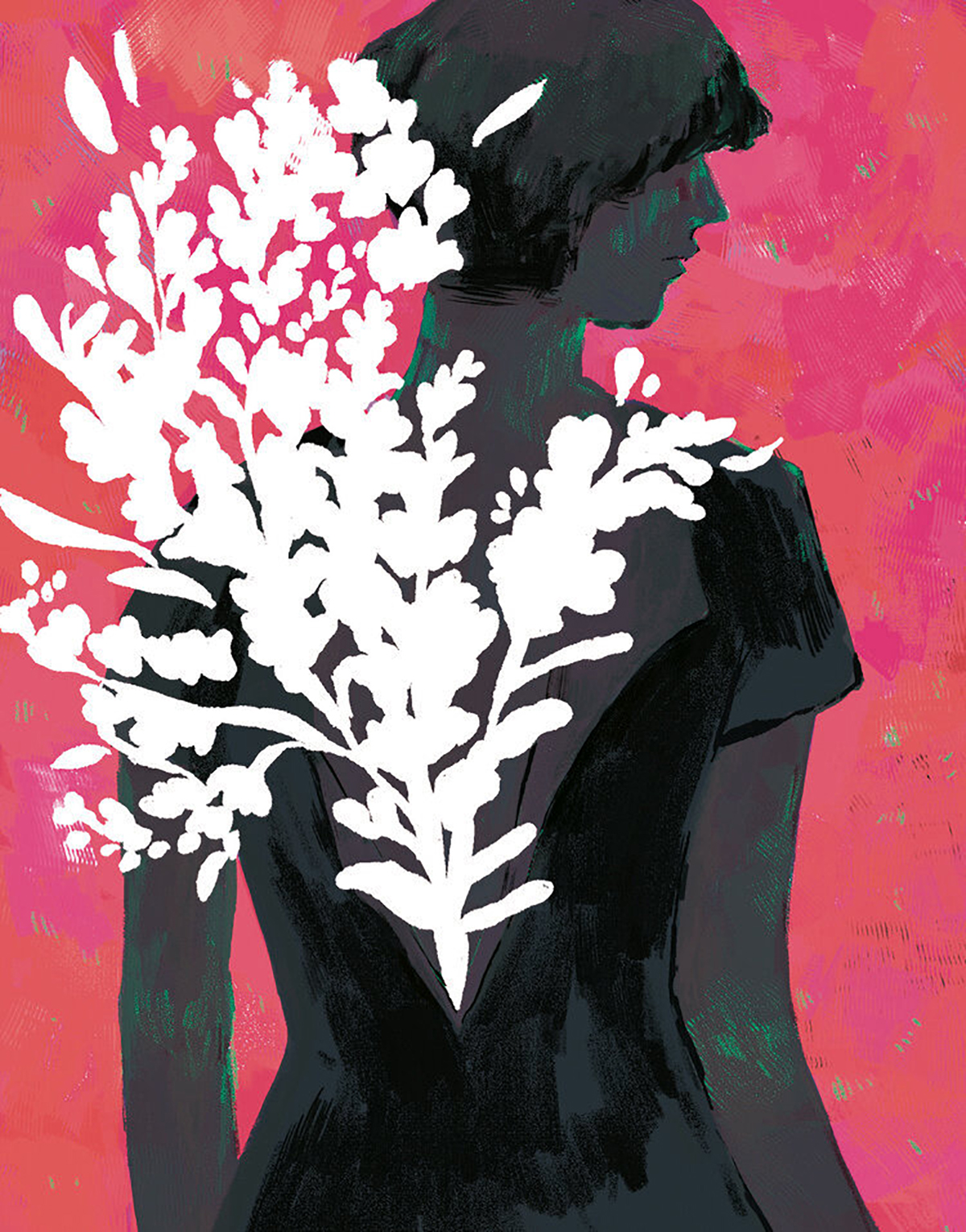 Digital painting of a woman in black dress, back to viewer, dark figure against pink background, with white painted flowers blooming from the back of her dress branching to upper left
