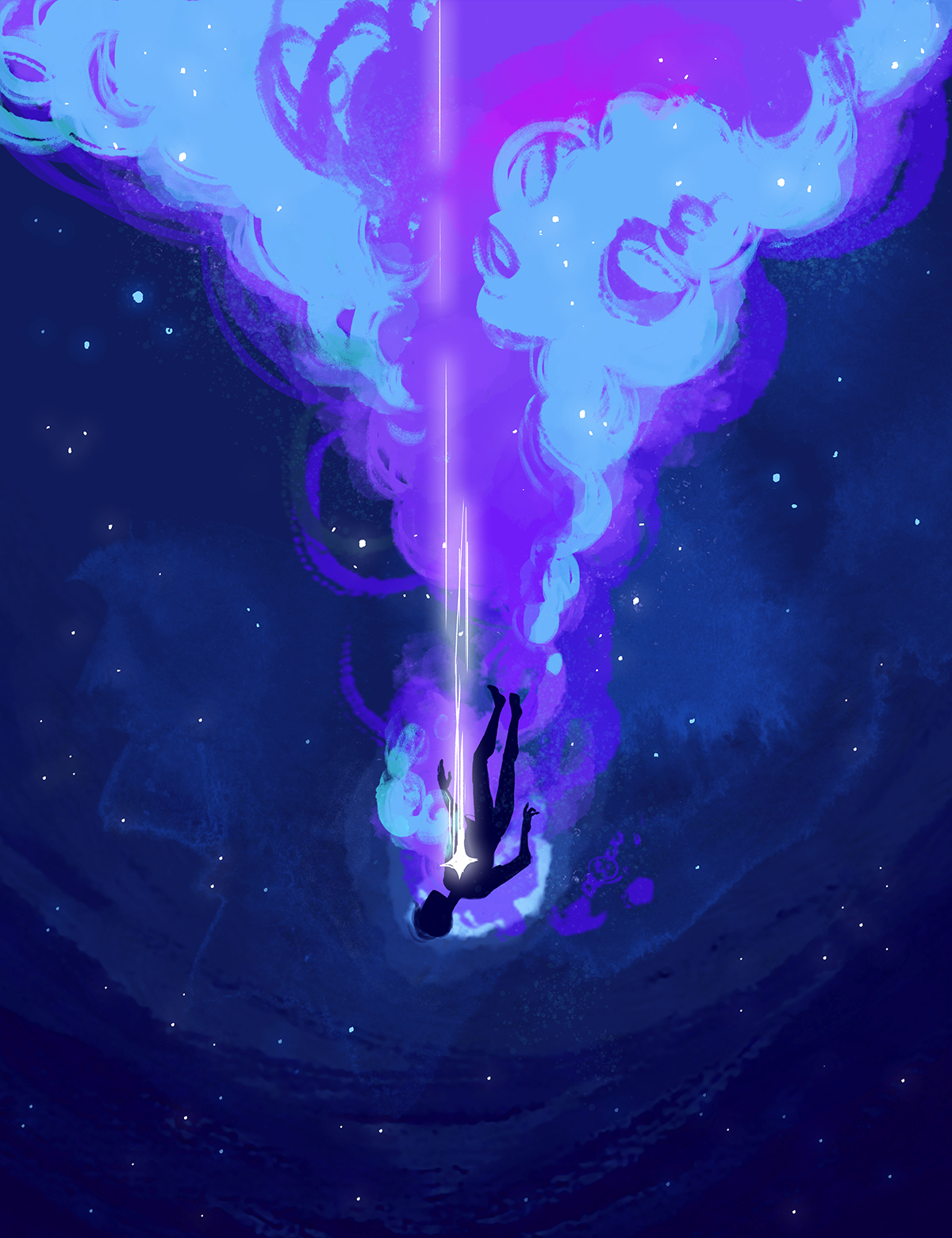 Digital illustration of a silhouetted figure falling head first in a starry sky, blue explosive light trailing up from the figure. Shooting star at figures chest